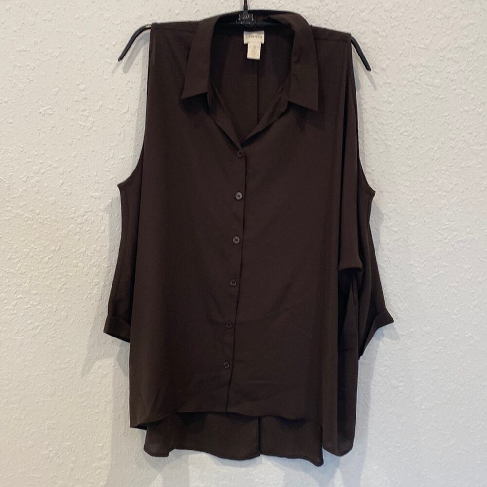 Chico’s Women’s Brown Button Down Cold Shoulder High Low Blouse EUC Sz 16